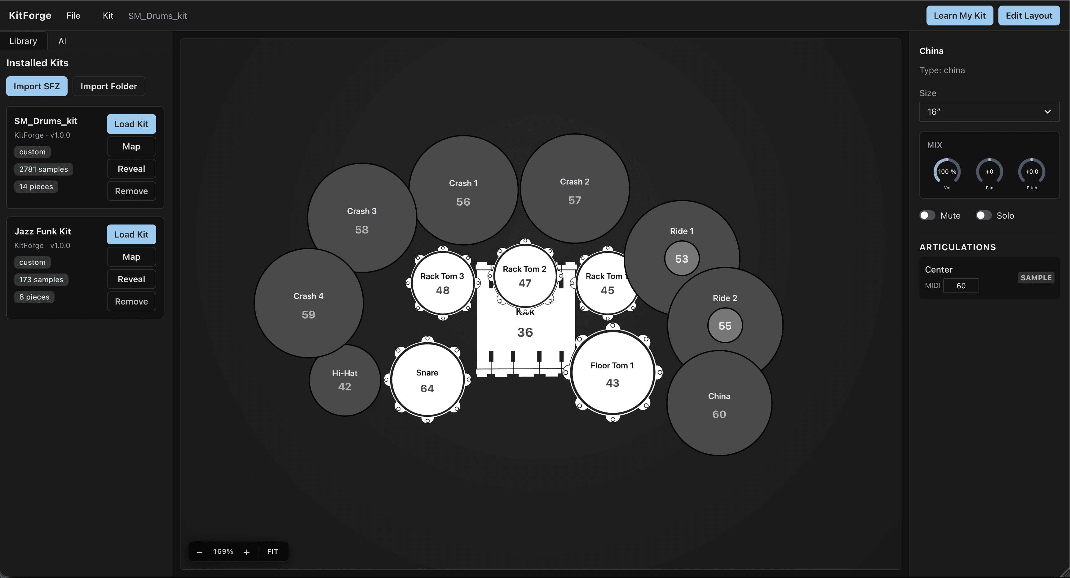 KitForge visual drum kit builder — pads laid out on a canvas with MIDI note numbers, kit library, and per-piece mixer