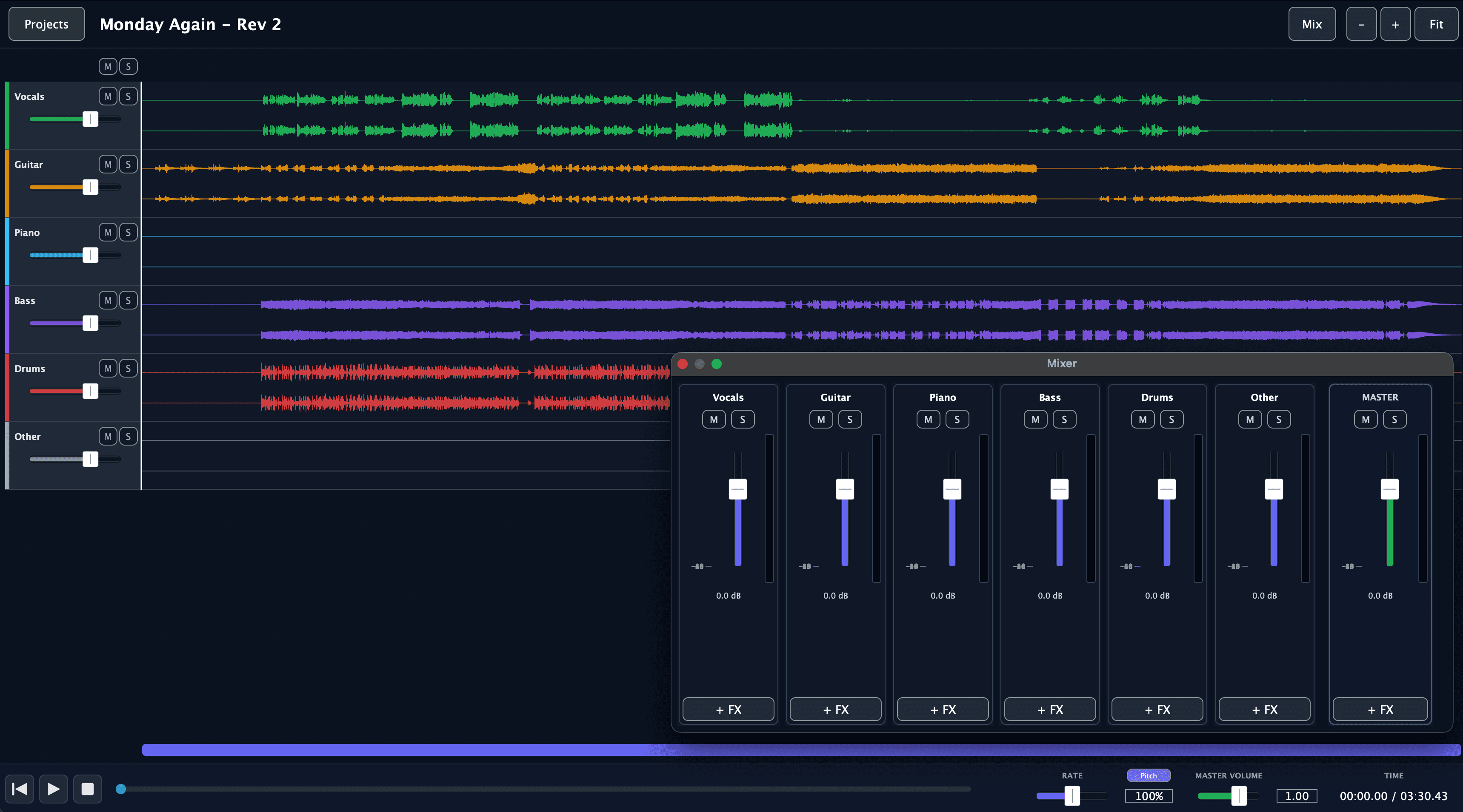 EZStemz showing six stem tracks with waveforms and a mixer window